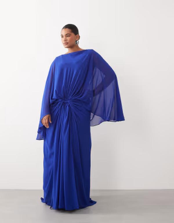 アレンジ レディース トップス ワンピース ケープデザイン ドレープ キャップ ケープ マキシ ARRANGE Curve drop waist grecian draped cape sleeve maxi dress in cobalt blue ブルー|ReVida 店