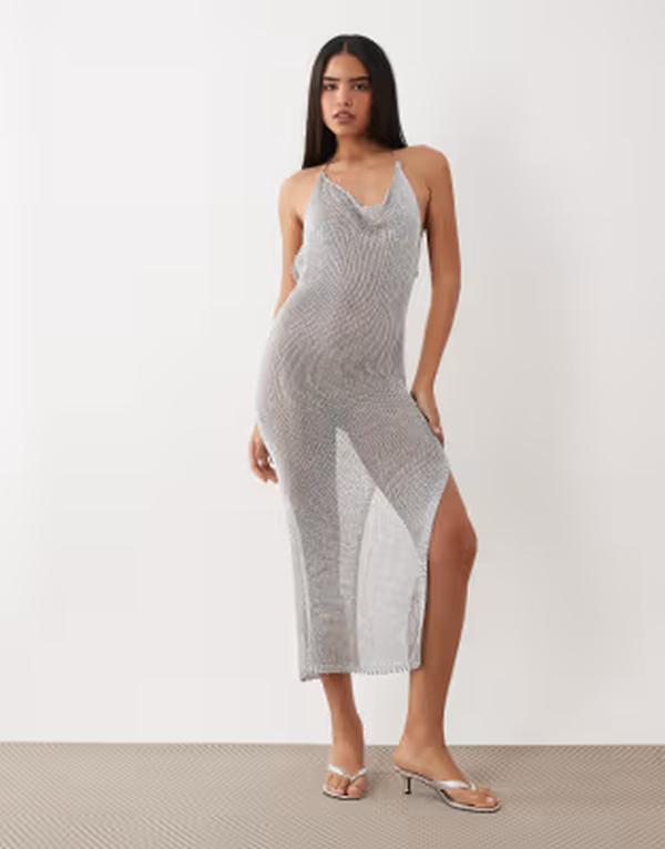 カイア レディース トップス ワンピース トール Kaiia exclusive metallicrochethigh slit midaxi dres sILVER シルバー|ReVida 店