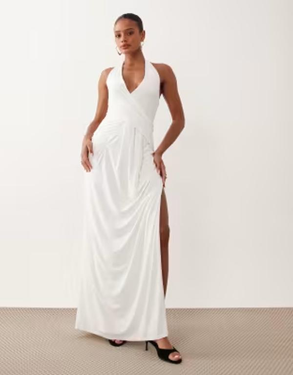ミッシーエンパイア レディース トップス ワンピース ドレープ マキシ ホルター Missyempire Missy Empire halterneck wrap drape front detail maxi dress WHITE ホワイト|ReVida 店
