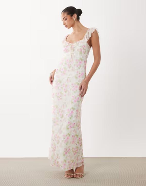 ジーナトリコ レディース トップス ワンピース プリント マキシ Gina Tricot frill maxi dress in multi flower print Pink flower ピンク｜ReVida 店 17,505円