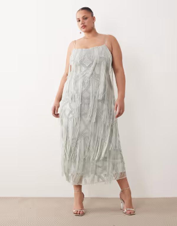 アレンジ レディース トップス ワンピース マキシ フリンジ ARRANGE Curve geo fringe cami column maxi dress in dusky Blue ブルー|ReVida 店