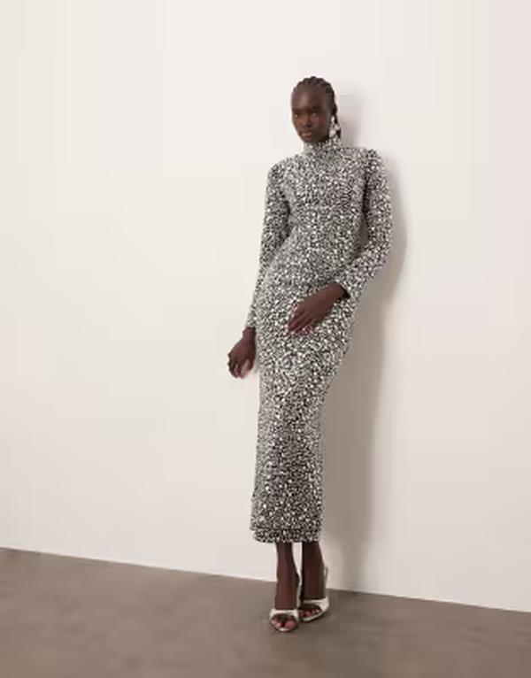 アレンジ レディース トップス ワンピース ハイネック スパンコール マキシ ARRANGE textural sequin high neck long sleeve maxi dress Black ブラック｜ReVida 店 62,040円