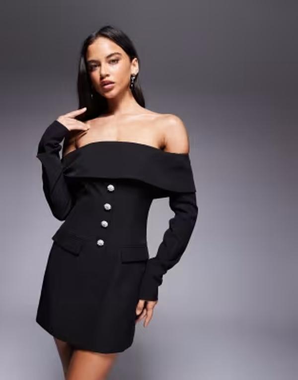 カイア レディース トップス ワンピース ミニ Kaiia Exclusive bardot foldover tailo red long sleeve diamante button detail mini dress Black ブラック|ReVida 店