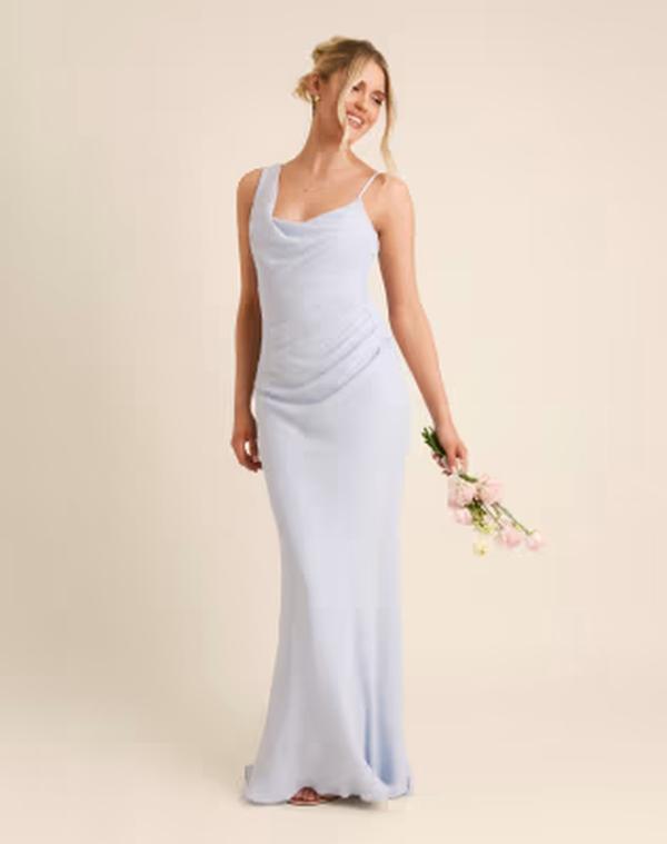 シックスストーリーズ レディース トップス ワンピース クレープ アシンメトリー マキシ Six Stories Bridesmaid crepe asymmetricowl neck maxi dress in pale blue ブルー｜ReVida 店