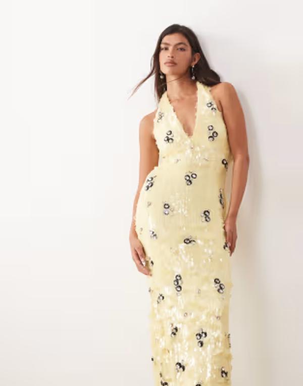 アレンジ レディース トップス ワンピース マキシ ホルター ARRANGE crystal embellished plunge halter neck column maxi dress in butter yellow Butter イエロー|ReVida 店