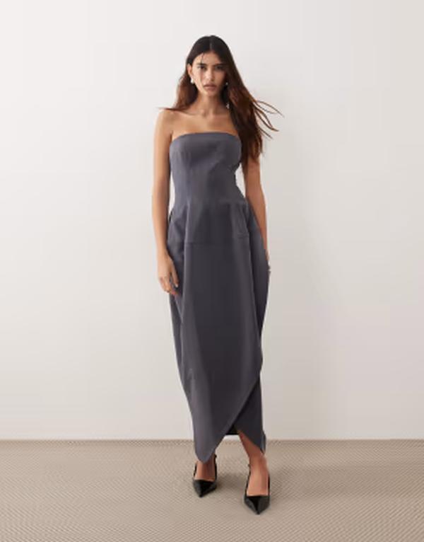 アレンジ レディース トップス ワンピース ミディ ストラップレス ARRANGE structu red volume strapless midi dress CHARCOAL チャコール|ReVida 店