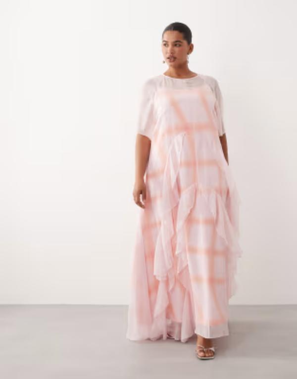 アレンジ レディース トップス ワンピース ティアード フリル ダウン マキシ ARRANGE Curve laye red ruffle down tie red maxi dress in light Pink ピンク|ReVida 店