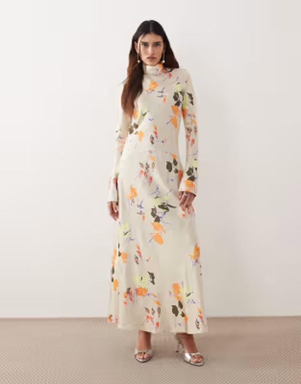 アレンジ レディース トップス ワンピース ハイネック フラワー柄 プリント サテン マキシ フラワー ARRANGE high neck satin paneled maxi dress in floral print Floral Print|ReVida 店