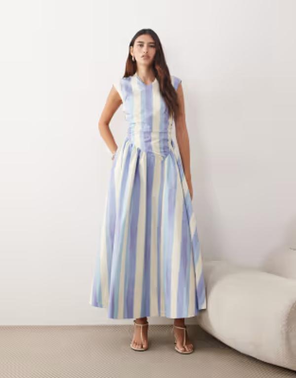 アレンジ レディース トップス ワンピース ARRANGE dropped waist midaxi wrap dresstripes Blue stripe ブルー｜ReVida 店