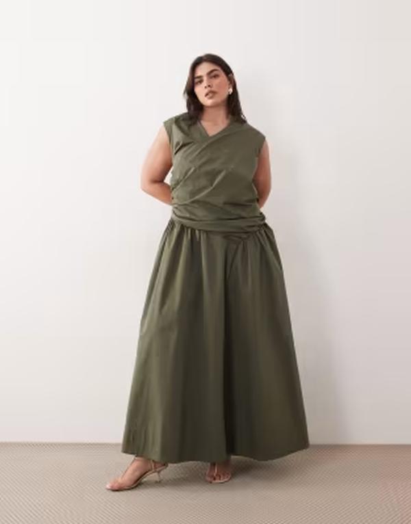 アレンジ レディース トップス ワンピース マキシ ARRANGE Curve wrap drop waist maxi dress in dark khaki カーキ｜ReVida 店