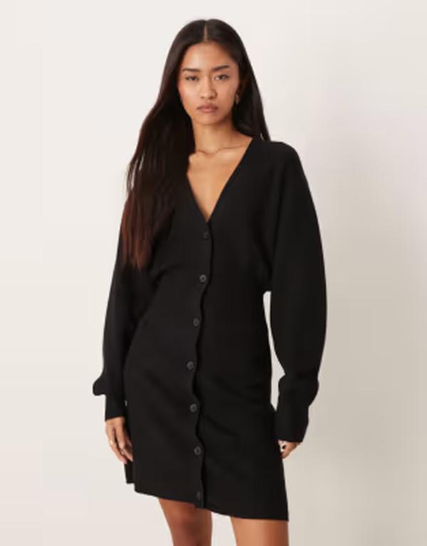 ジーナトリコ レディース トップス ワンピース Vネック ミニット Gina Tricot long bell sleeve v neck mini knit button dress black ブラック|ReVida 店