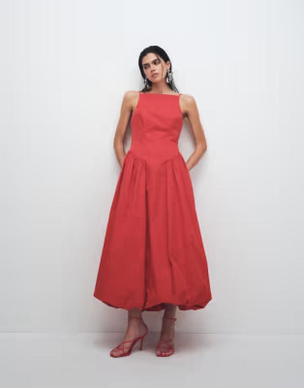 アレンジ レディース トップス ワンピース ハイネック マキシ ARRANGE high neck drop waist maxi dress with bubble hem RED レッド|ReVida 店