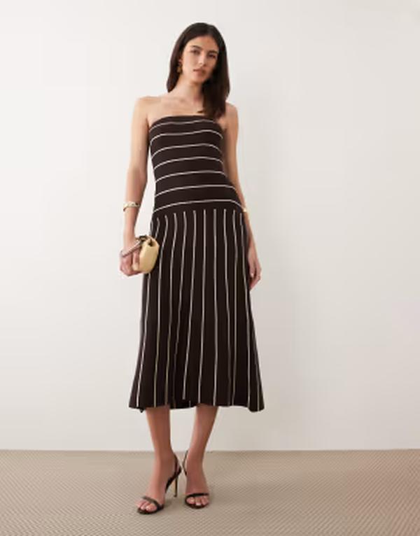 プリティラヴィッシュ レディース トップス ワンピース ミディ ニット Pretty Lavish knit bandeau midi dress cream stripe Brown and cream クリーム｜ReVida 店