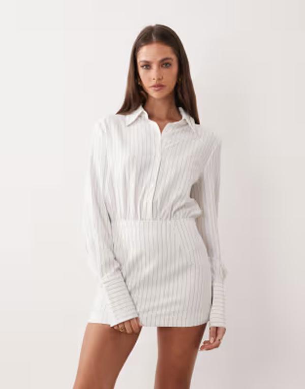 アリアコーブ レディース トップス ワンピース ミニ シャツ Aria Cove fittedeep cuff mini shirt dress pinstripe White Pinstripe ホワイト|ReVida 店
