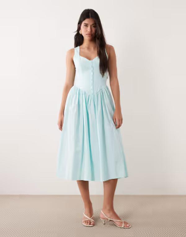 カイア レディース トップス ワンピース コットン マキシ Kaiia exclusive cotton poplin sweetheart neckline button detail dropped v waist maxi dress in baby blue ブルー|ReVida 店
