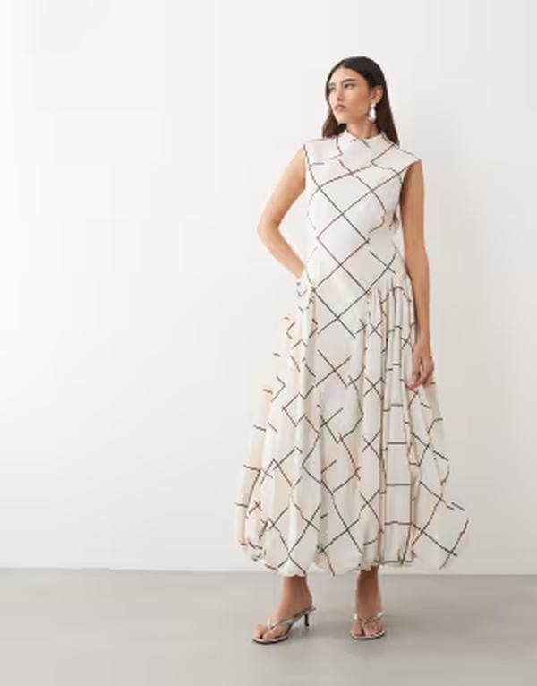 アレンジ レディース トップス ワンピース プリント ミディ ノースリーブ ARRANGE sleeveless bubble hemidi dress in soft check print CHECK PRINT チェック|ReVida 店