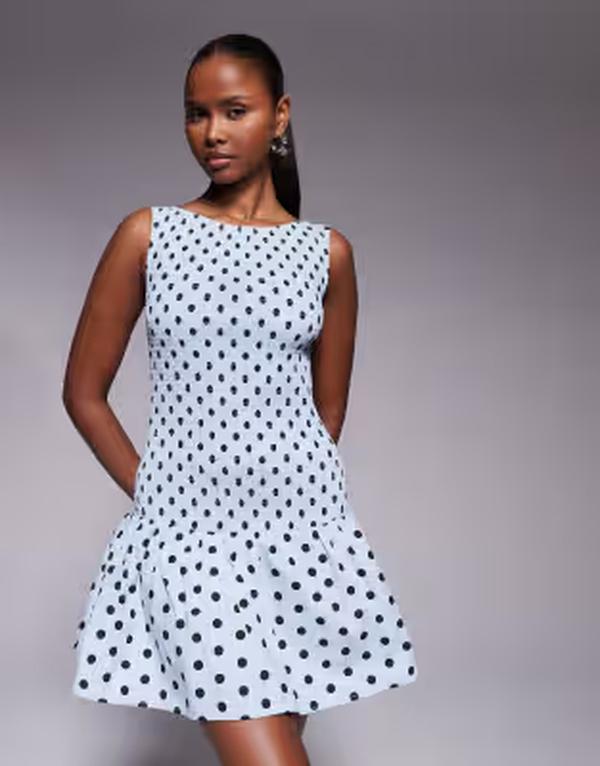 カイア レディース トップス ワンピース ドット プリーツ ミニ Kaiia exclusive shir red bodice dropped waist pleated hemini dress polka dots Blue polka ブルー|ReVida 店