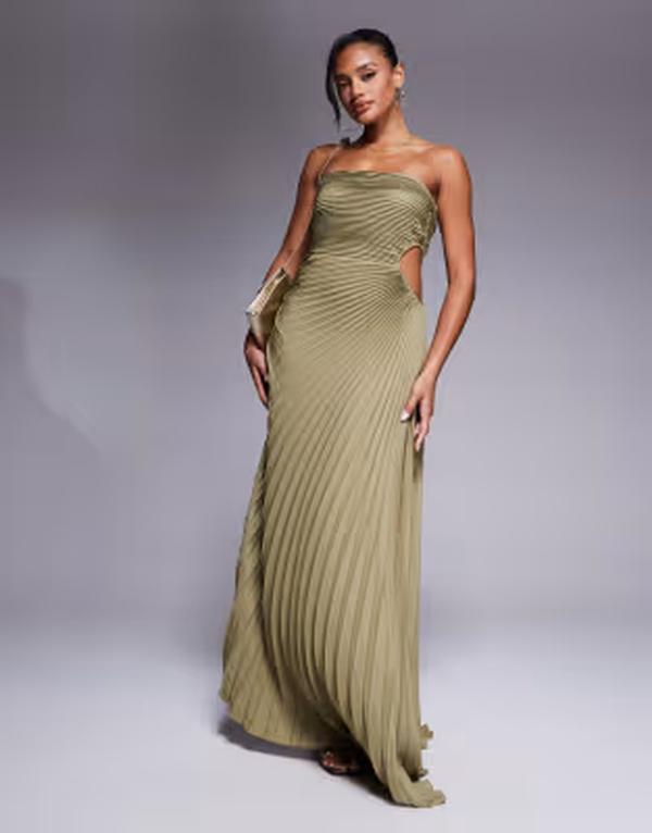 アリアコーブ レディース トップス ワンピース プリーツ マキシ Aria Cove bandeau open side pleated maxi dress in olive オリーブ｜ReVida 店