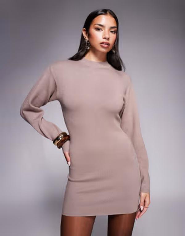 アリアコーブ レディース トップス ワンピース セーター ニット Aria Cove structu red knit cocoon sleeve sweater dress in mocha モカ|ReVida 店