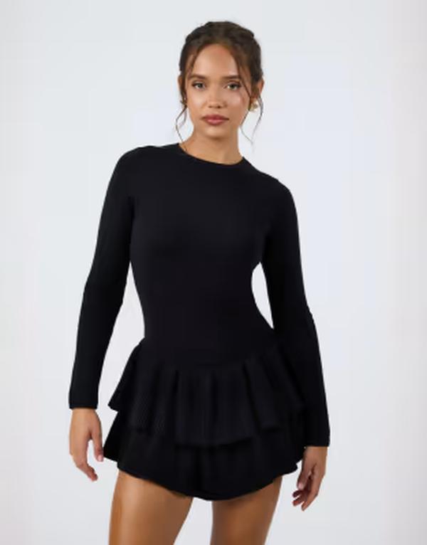 アリアコーブ レディース トップス ワンピース フリル ミニ スカート ニット Aria Cove knit long sleeve ruffle skirt mini dress Black ブラック|ReVida 店