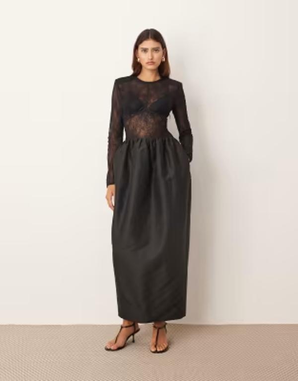 アレンジ レディース トップス ワンピース サテン レース マキシ ARRANGE long sleeve lace and bonded satin maxi dress Black ブラック|ReVida 店