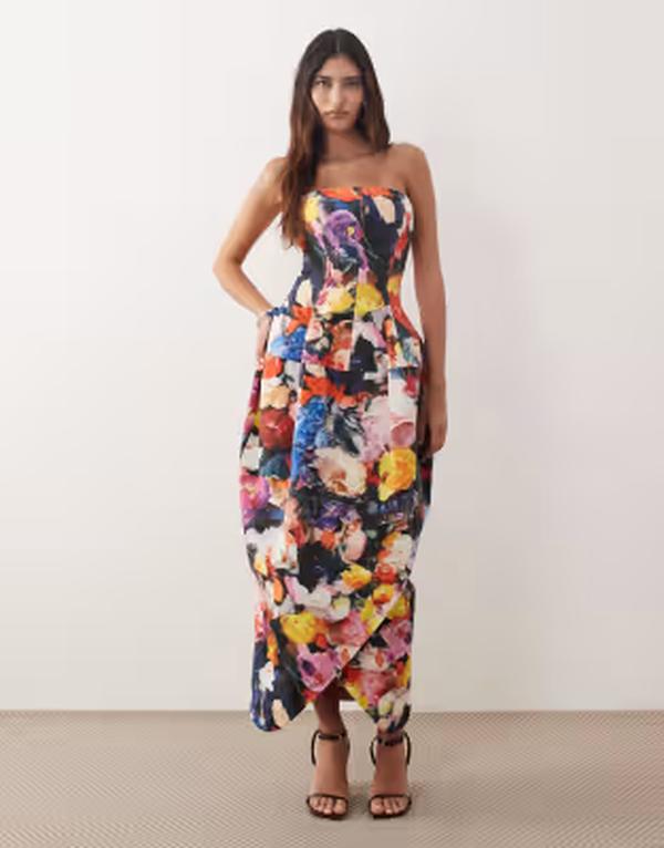 アレンジ レディース トップス ワンピース フラワー柄 プリント ミディ フラワー ARRANGE structu red volume bandeau midi dress in bloom floral print Bloom floral|ReVida 店
