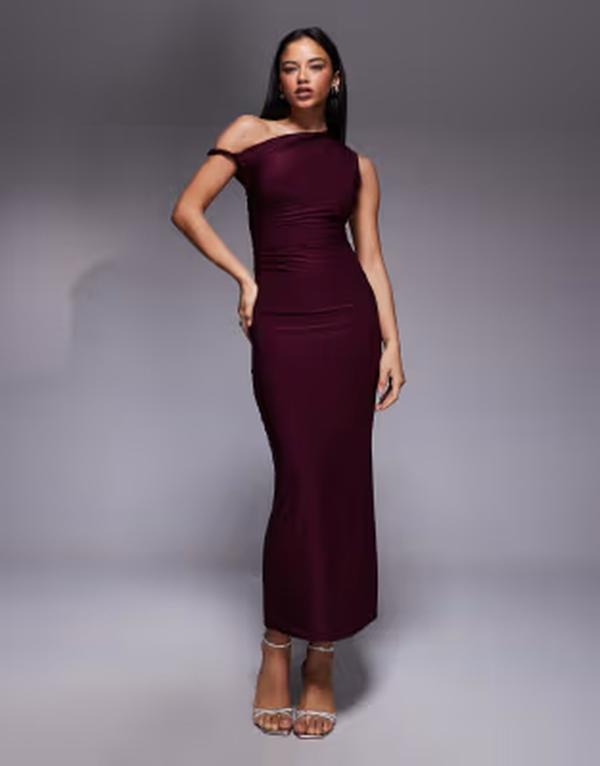 カイア レディース トップス ワンピース マキシ Kaiia exclusive double laye red slinky twist off the shoulder bodycon maxi dress in dark cherry Dark Cherry｜ReVida 店 17,486円