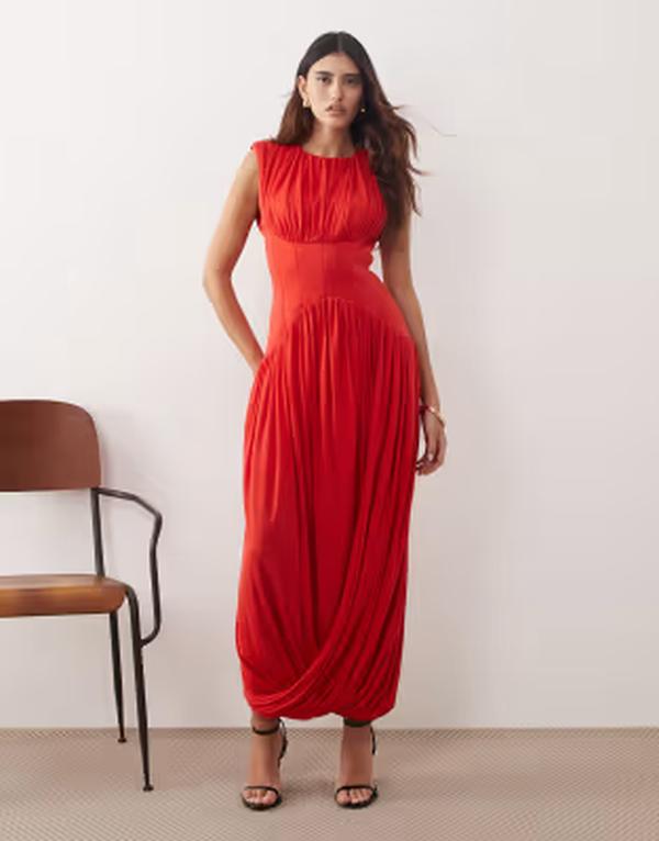 アレンジ レディース トップス ワンピース ウエストマーク ドレープ マキシ ARRANGE gatheredraped maxi dress with cinched waist RED レッド|ReVida 店