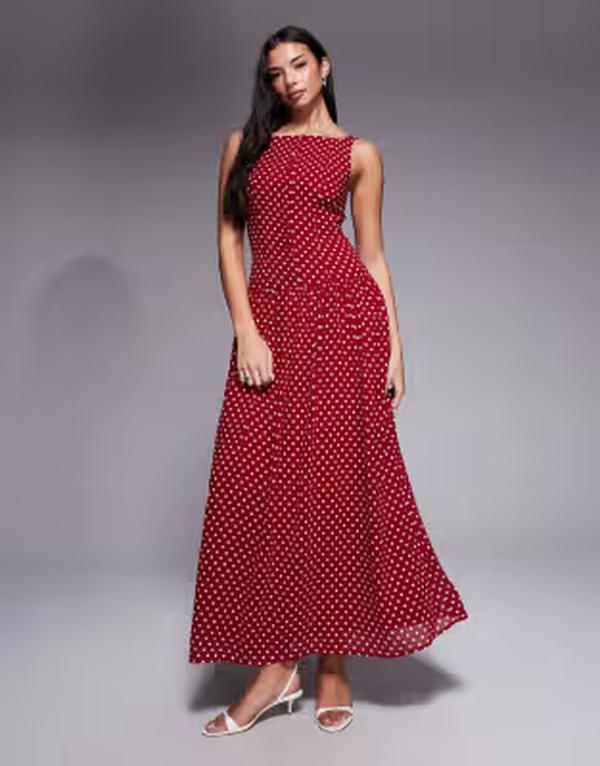 カイア レディース トップス ワンピース ドット マキシ Kaiia exclusive high square neck button up dropped waist maxi dress and white polka dots Red And White ホワイト｜ReVida 店