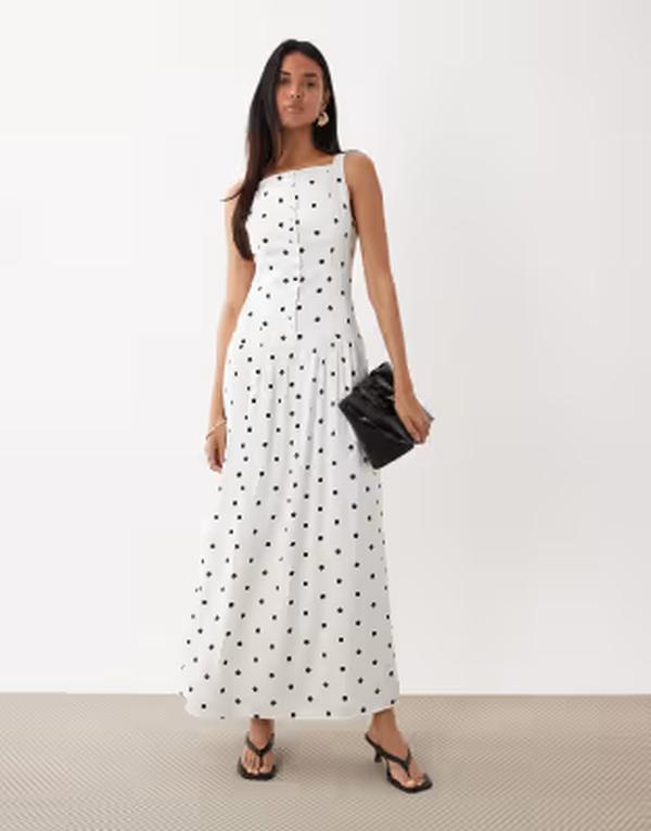 カイア レディース トップス ワンピース ドット柄 ドット サテン マキシ Kaiia exclusive high square neck button through drop waist satin maxi dress in mono polka dot MONO ドット|ReVida 店