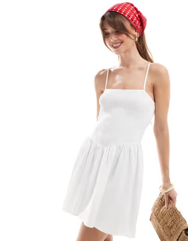 ザ・フロリック レディース トップス ワンピース ミニ The Frolic Exclusive cami square neck shirredropped waist mini dress White ホワイト｜ReVida 店