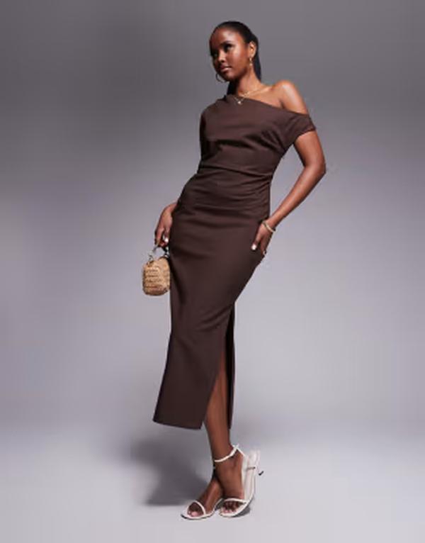 カイア レディース トップス ワンピース ミディ リネン Kaiia exclusive linen look off the shoulder twist detail midi dress in chocolate チョコレート｜ReVida 店