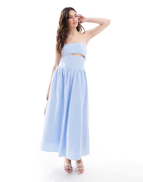 ザ・フロリック レディース トップス 衣装 カットアウト マキシ The Frolic exclusive poplin bandeau cut outie back detail maxi dress BLUE 青味