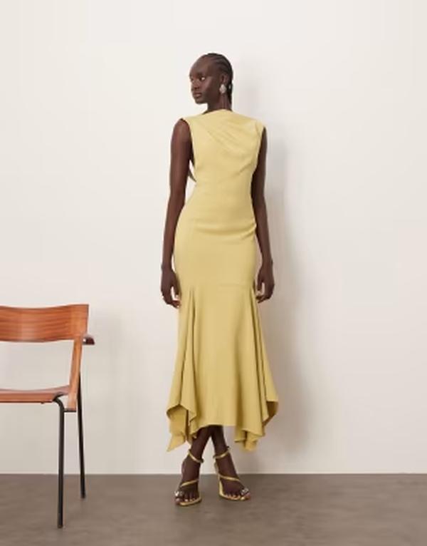 アレンジ レディース トップス ワンピース オープンバック ドレープ ミディ ARRANGE drape neck square hem open back midi dress with trim detail in light olive Light olive オリーブ｜ReVida 店