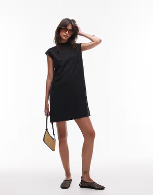 アルケット レディース トップス ワンピース ハイネック ミニ コットン キャップ ARKET pure cotton high neck cap sleeve mini dress Black dark ブラック|ReVida 店