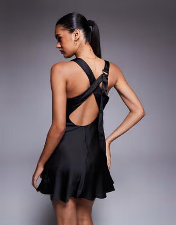 プリンセスポリー レディース トップス ワンピース ミニ サテン Princess Polly Sama satin buckle detail open cross back mini dress Black ブラック|ReVida 店