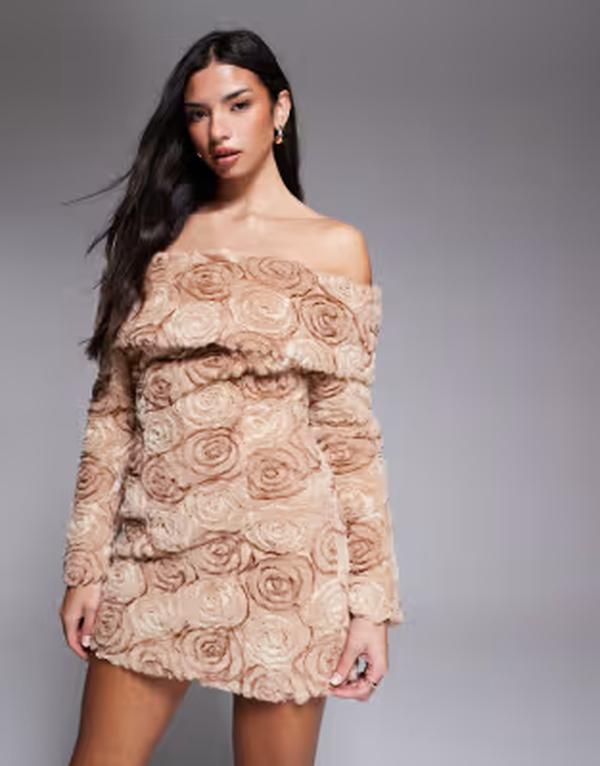 エイソス レディース トップス ワンピース ミニ ASOS LUXE off shoulder faux fur flower mini dress BROWN ブラウン｜ReVida 店