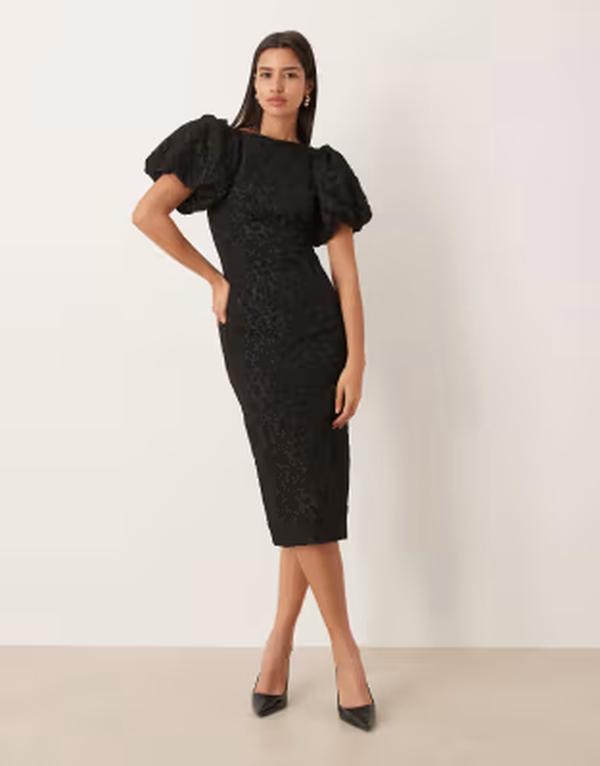 ジーナトリコ レディース トップス ワンピース プリント ミディ Gina Tricot puff sleeve jacquard print midi dress Black ブラック｜ReVida 店