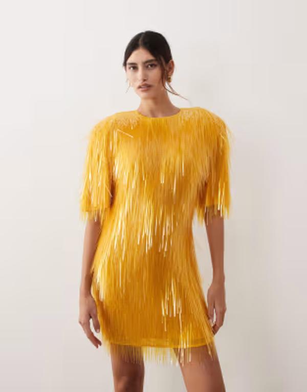 アレンジ レディース トップス ワンピース ミニ スパンコール ARRANGE shard sequinstrong shoulders mini dress in orange オレンジ｜ReVida 店