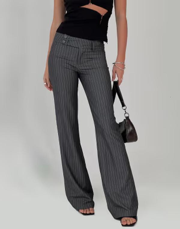 プリンセスポリー レディース ボトムス カジュアルパンツ スリムフィット Princess Polly Kinkirk mid rise slim fit button detail fla red tailo red pants in charcoal pinstripes Gray Pinstripe グレー|ReVida 店