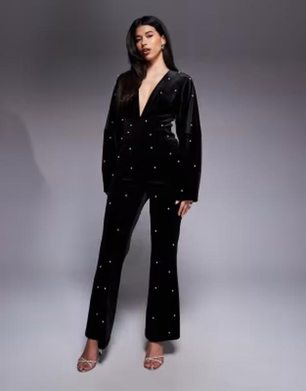エイソス レディース トップス 飛び降りる背広 天鵝絨 ASOS LUXE velvet plunge jumpsuit with pearl embellishment Black 黒いこと