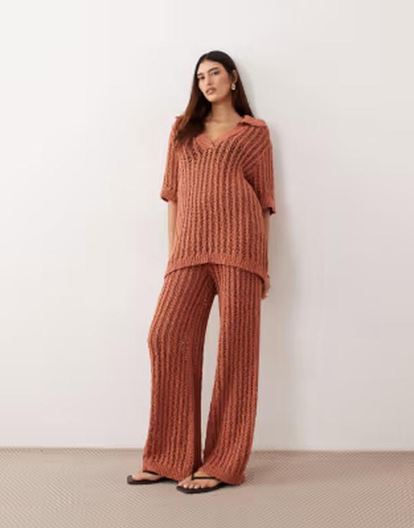 アレンジ レディース ボトムス カジュアルパンツ ストレート ARRANGE crochet straight leg pants in terracotta - part of a seterracotta テラコッタ|ReVida 店