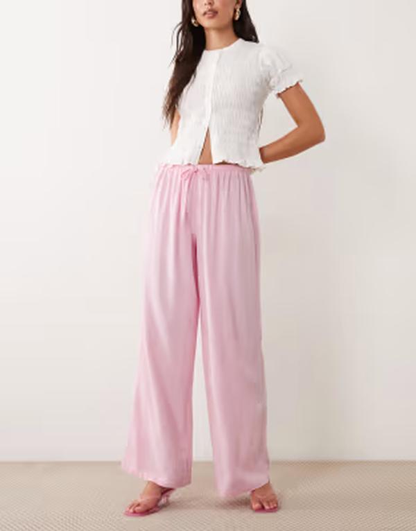 ザ・フロリック レディース ボトムス 心地好いズボン下 ワイドレッグ リネン The Frolic exclusive linen blend elastic waist wide leg pants PINK サクラ色
