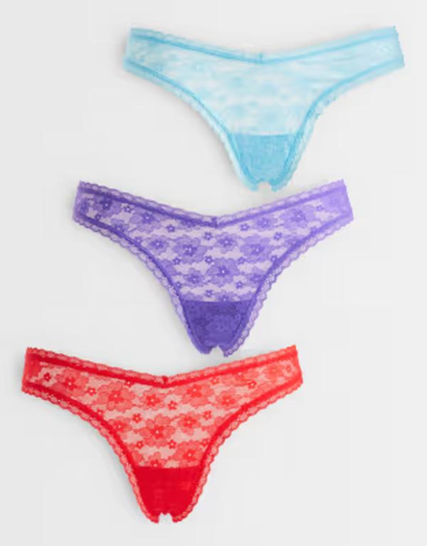 エイソス レディース アンダーウェア ブリーフパンツ レース ASOS DESIGN 3 pack all over lace dipped fronthong in aqua red & Multi マルチカラー｜ReVida 店