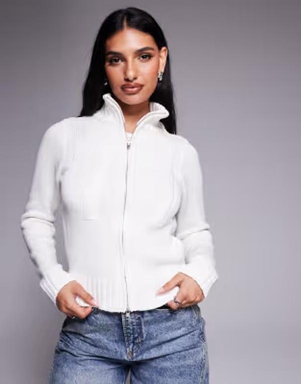 プリンセスポリー レディース アウター ニット・セーター ハイネック リブ カーディガン Princess Polly ribbed knit high neck zip up cardigan WHITE ホワイト｜ReVida 店