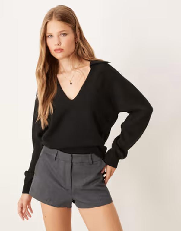 ジーナトリコ レディース アウター ニット・セーター Vネック Gina Tricot long sleeve v neck collar knit sweater Black ブラック｜ReVida 店