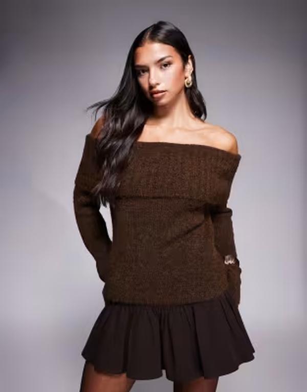 カイア レディース アウター ニット・セーター ウール Kaiia Exclusive wool feel textu red knit deep bardot foldover sweater in chocolate BROWN ブラウン｜ReVida 店
