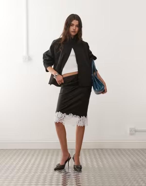 ライオネス レディース ボトムスカート ミディ コントラスト レース Lioness Ancho red contrast lace hemidi skirt Black ブラック|ReVida 店