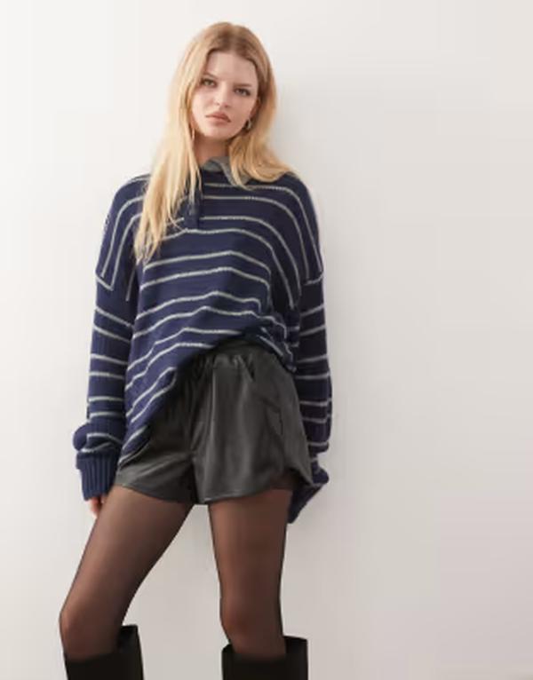 ライオネス レディース アウター ニット・セーター コントラスト Lioness Rising Sun knit contrast collar oversized sweater and gray stripe NAVY ネイビー｜ReVida 店