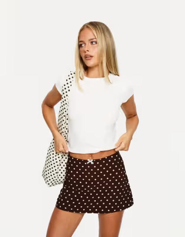 プリンセスポリー レディース ボトムスカート ドット柄 ドット ミニ Princess Polly Tejano bow front mini skirt in chocolate polka dot Chocolate チョコレート｜ReVida 店